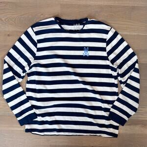 Psycho Bunny Breton Stripe Tee Shirt Long Sleeve Bunny Logo Navy White Men Large